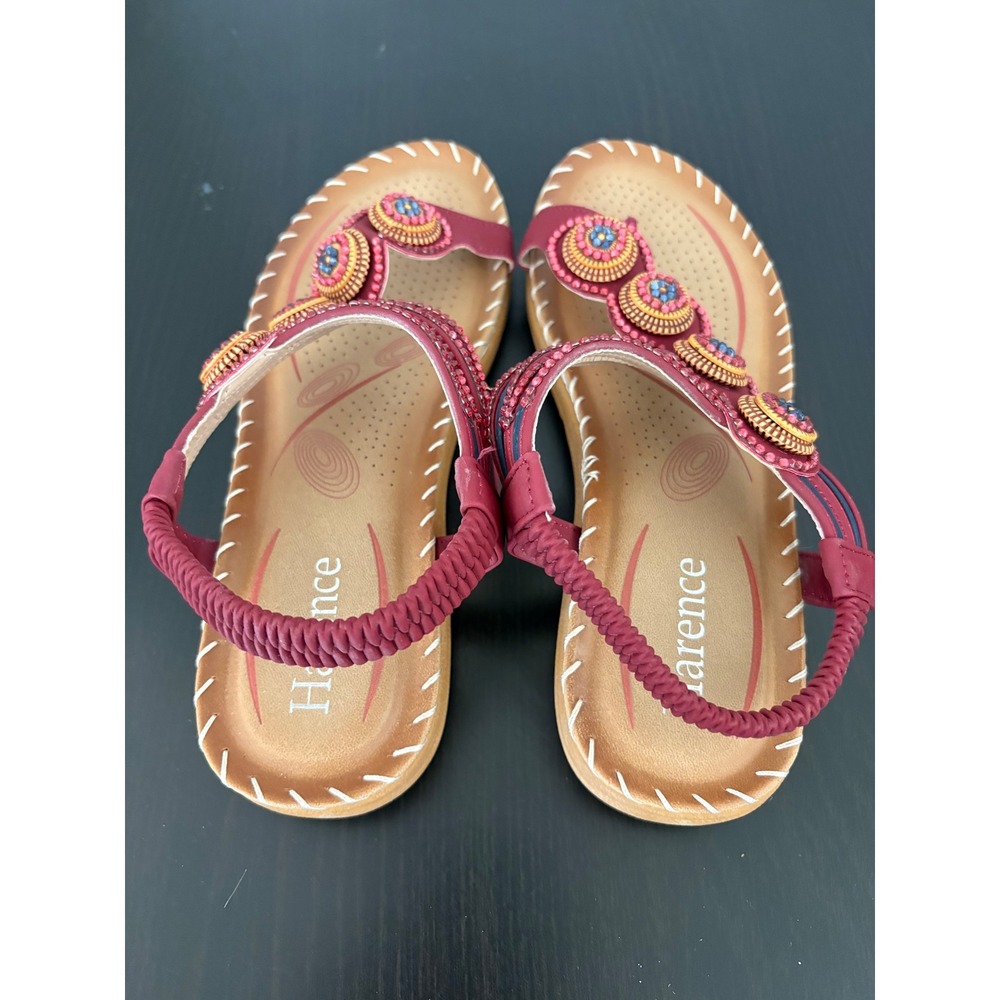 Harence WomensT-Strap Sandals Size 6.5-7 Burgundy Red Beaded Boho Slingback Flat - Picture 3 of 13